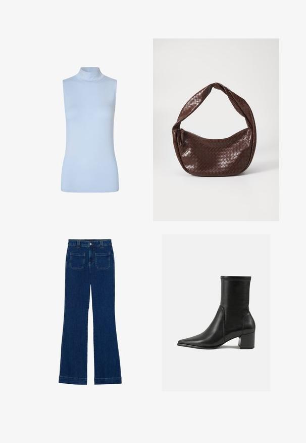 Sacou dublu în stil cu un model în carouri maro și negru, având rever cu tăietură, buzunare laterale și un material ușor texturat.; Modström THEO TOP - Top - blue; Jeans din denim cu fason evazat, de culoare albastru închis, cu o textură netedă, design cu cinci buzunare și închidere cu nasture la talie.; Botină neagră până la gleznă, fabricată din piele netedă, cu vârf ascuțit, toc tip bloc și cusături proeminente distincte la marginea superioară.; Geantă din piele împletită, de culoare maronie, cu un mâner curbat, noduros și închidere cu fermoar. Textură netedă și formă rotundă.