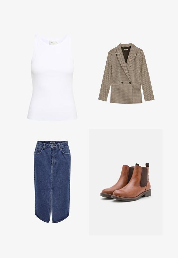 Divpusējais uzvalks brūnā un melnā rūtainā rakstā, ar izteiktām apmalēm, sānu kabatām un viegli teksturētu audumu.; Balta ribota tank top krekls ar apaļu izgriezumu un bez piedurknēm. Stiepjams materiāls un pieguļošs dizains. Uz aizmugurējās etiķetes ir uzraksts "GESTUZ."; Denimu svārki ar vidēju garumu, tumši zils tonis, priekšējā izgriezuma un klasiskās piecu kabatu dizains, ar pogu un rāvējslēdzēja aizdari.; Brūni ādas potītes zābaki ar elastīgām sānu daļām, noapaļotu purngalu un zemu koka papēdi. Iespējota cilpas cilpa ērtai uzvilkšanai.