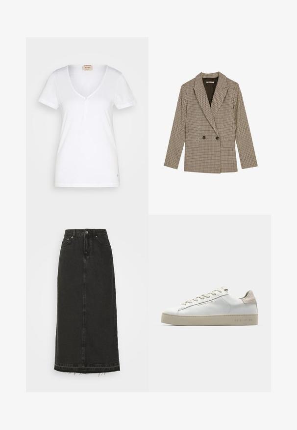 Dvojřadý blazer s hnědo-černým kostkovaným vzorem, vyznačující se klopami, bočními kapsami a mírně texturovanou tkaninou.; Mos Mosh BASIC TEE - Jednoduché tričko - white; Černá denimová midi sukně s přiléhavým pasem, předním zapínáním na knoflíky a třepeným lemem. Vybavena klasickým pětiokýnkovým designem a jemnou texturou.; Bílé kožené tenisky s hladkým povrchem, béžovými semišovými akcenty, kulatou špičkou, plochým šněrováním a texturovanou gumovou podrážkou.