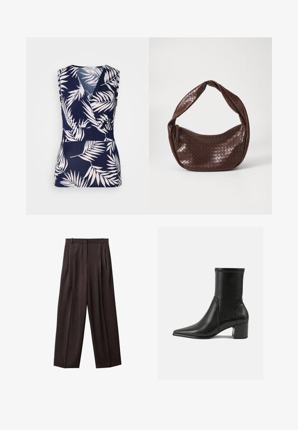 Dvoredni sako u smešano-crnoj kockastoj šari, s reverima, bočnim džepovima i blago teksturiranim materijalom.; Mornarskoplavi bezrukavni top s preklopnim dizajnom, koji ima bijele uzorke tropskog lišća, glatku teksturu i v-izrez.; Široke hlače od tamnosmeđeg materijala. Značajke uključuju plisse sprijeda, pojas s petljama za remen i bočne džepove. Glatka tekstura.; Crne gležnjače od glatke kože, s šiljastim prstom, blok petom i izraženim uvećanim šavom na gornjem rubu.; Smeđa pletena kožna torba s zakrivljenom, čvoranom ručkom i zatvaranjem na patentni zatvarač. Glatka tekstura i zaobljeni oblik.