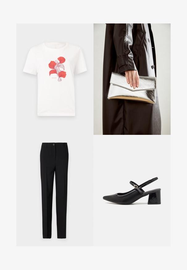 Double-breasted blazer in brown and black checked pattern, featuring notched lapels, side pockets, and a slightly textured fabric.; White cotton t-shirt featuring a printed design of red leaves with fine lines. Includes text "TOM TAILOR" below the graphic.; Black tailored trousers with a straight leg design, featuring a button fastening and belt loops, made from smooth fabric.; Black patent leather slingback heels with a pointed toe, a rounded cutout design, and a block heel. Features a gold-tone buckle accent.; Silver metallic clutch with an angular envelope design, smooth texture, and contrasting interior color, held in a hand wearing a black coat.