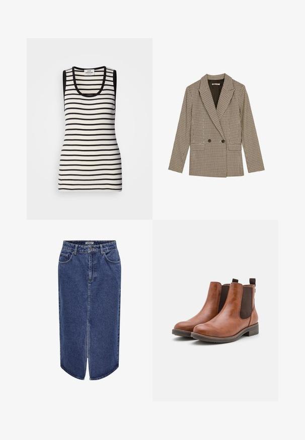 Double-breasted blazer in brown and black checked pattern, featuring notched lapels, side pockets, and a slightly textured fabric.; Sleeveless tank top with black and white horizontal stripes, ribbed texture, and a rounded neckline. Black trim on the shoulders and neckline.; Denim skirt with a mid-length cut, dark blue wash, front slit, and classic five-pocket design, featuring a button and zip closure.; Brown leather ankle boots with elastic side panels, rounded toe, and a low wooden heel. Features a loop tab for easy wear.