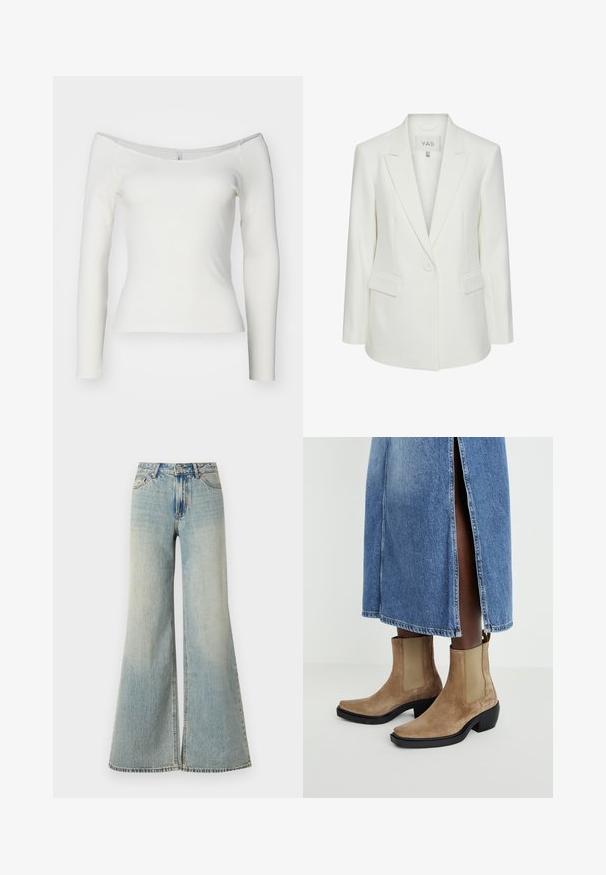 White tailored blazer with a notched collar, single button closure, and two front pockets. Made from a smooth, structured fabric.; White off-the-shoulder long-sleeve top made from ribbed material. Fitted design with a smooth texture and straight hemline.; Light blue wide-leg jeans with a high waist, featuring a faded finish, front pockets, and a subtle split at the bottom of the legs.; Suede ankle boots in tan with elastic side panels and a black block heel. Worn with a light blue denim skirt featuring a side slit.