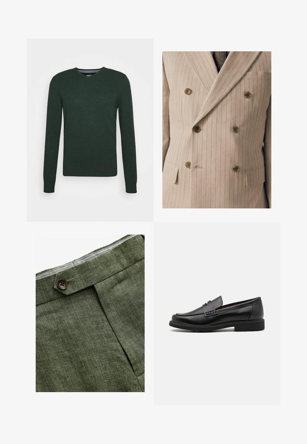 Beige Doppelreiher-Sakko mit feinen vertikalen Streifen, Holzknöpfen, einer Brusttasche und strukturiertem Stoff.; Dunkelgrüner V-Ausschnitt-Pullover. Hergestellt aus Strickmaterial mit langen Ärmeln, gerippten Bündchen und einem geraden Saum. Verfügt über eine dezente, strukturierte Oberfläche.; Weißes Baumwoll-T-Shirt mit rundem Ausschnitt, kombiniert mit navyblauen, gefalteten Hosen und einem braunen Ledergürtel mit goldener Schnalle.; Olivengrüne Leinenhose mit einem Bundfalten, ausgestattet mit einem Knopfverschluss und einem kontrastierenden karierten Futter am Bund.; Schwarze synthetische Slipper mit einer markanten gesteppten Vorderseite, gepolstertem Fußbett und flacher Gummisohle; schlankes Design mit minimaler Detailverarbeitung.