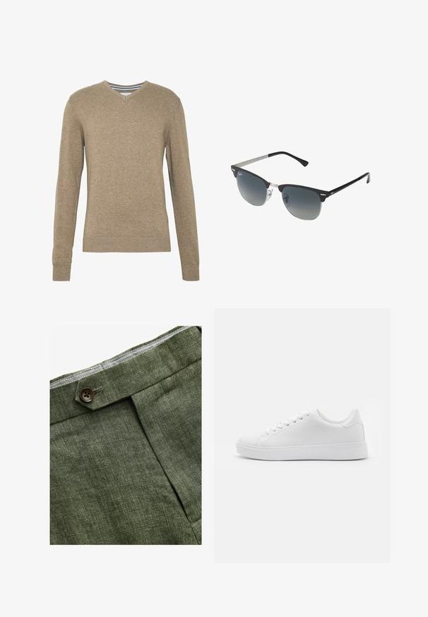 Beige dubbelknäppt kavaj med fina vertikala ränder, med träknappar, en bröstficka och textil med struktur.; V-ringad tröja i mjukt, ljusbrunt stickat tyg, med långa ärmar och ribbade muddarna och fållen. Subtila texturer genom hela tyget.; Vit bomulls t-shirt med rund halsringning, bärs tillsammans med marinblå veckade byxor och ett brunt läderbälte med en gyllene spänne.; Olivgröna linbyxor med en frontveck, med en knappstängning och en kontrasterande rutigt foder i midjebandet.; Vita sneakers med en slät syntetisk ovandel, rund tå, sex hål för snörning och en låg gummisula med texturerad detaljer.; Svarta och silverfärgade solglasögon med kattögaform, gradientlinser och metalliska detaljer på ramen. Plastbågar med gråa tippar.