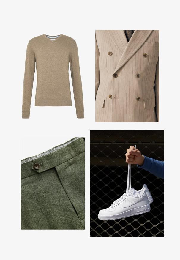 Beige dubbelzijdig geperst colbert met fijne verticale strepen, voorzien van houten knopen, een borstzak en een gestructureerde stof.; V-hals trui gemaakt van zachte, lichtbruine brei stof, met lange mouwen en geribbelde boorden en onderrand. Fijne textuur door de gehele stof.; Witte katoenen t-shirt met ronde hals, gedragen met marineblauwe geplooide broek en een bruine leren riem met een gouden gesp.; Olijf groene linnen broek met een voorplooi, voorzien van een knoopsluiting en een contrasterende geruite voering bij de tailleband.; Witte leren sneakers met perforaties, ronde neus, vlakke zool en dikke veters, met een zichtbare swoosh-logo en "AIR" op de hiel.