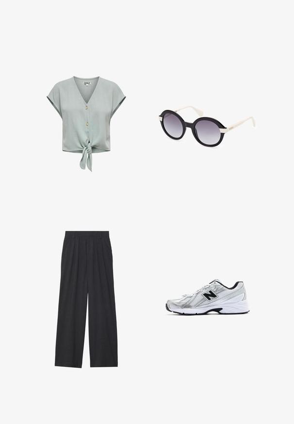 Navy blue wool-blend double-breasted coat with large lapels, two prominent front pockets, and four silver buttons, featuring a textured exterior.; Light beige cropped cardigan made of soft knit fabric, featuring a round neckline, button closure, and ribbed cuffs and hem.; ONLY ONLSIESTA KNOT - Blouse - abyss; Wide-leg trousers made of dark gray fabric. Features pleats at the waist, a tailored design, and a straight silhouette.; Silver athletic shoe with mesh material, black accents, perforated design, and a cushioned white sole. Features a prominent 'N' logo.; Black plastic sunglasses with gradient gray lenses, oversized round shape, white temple arms, and a slight wave detail at the top.; Levi's white t-shirt with red logo, denim bag with blue fabric, brown strap, and a light blue denim cap. Simple, casual design and colors.