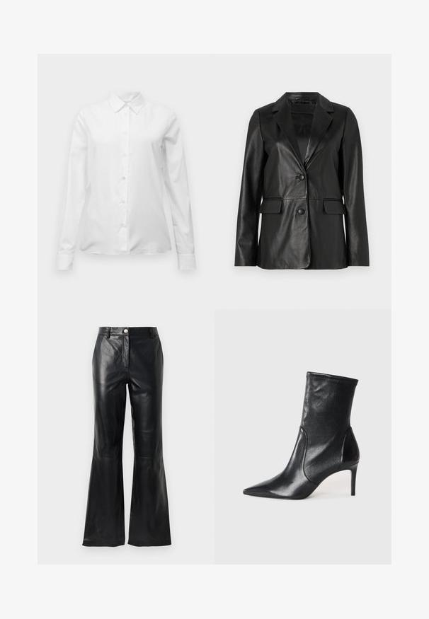 Juodas odinis švarkas su apykakle, dviem priekinėmis kišenėmis, viena sagčių uždarymo ir lygiu paviršiumi. Priklausomai nuo figūros pritaikytas modelis su ilgomis rankovėmis.; Balta ilgomis rankovėmis marškiniai su išlenktu coloriu, pritaikyti prie kūno, su rankogaliais, rodoma ant paprastos baltos fono.; Balta medvilninė marškinėliai trumpomis rankovėmis, laisvai krentančio silueto, su V formos iškirpte, kuri turi penkis dekoratyvinius mygtukus.; Juodos dirbtinės odos kelnės su aukštu juosmeniu, mygtuko uždarymu, diržo kilpomis ir platėjančiomis kojomis priešais baltą foną.; Juodi kulkšneliai, pagaminti iš lygaus odos, su smailiu nosiu, prigludusia ašimi ir siauru aukštu kulnu. Minimalistinis dizainas be matomų detalių.