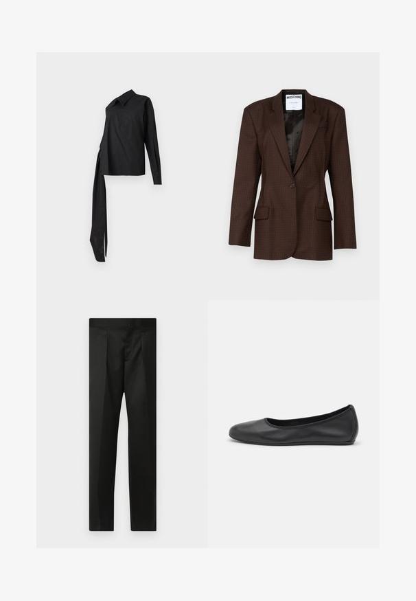 Barna mintázatú blézer, amely textúrált anyagból készült, egy gombos záródással, hegyes reverzsel és két elülső zsebbel rendelkezik. Fekete bélés látható.; Fekete, hosszú ujjú ing sima anyagból, gallérral, aszimmetrikus dizájnnal és hosszú oldalsó megkötővel az apró részletekért.; Fekete nadrág sima anyaggal, testhezálló fazonnal, egyenes lábakkal és lapos derékkal, látható zárak vagy zsebek nélkül.; Fekete bőr balettcipő lekerekített orral, sima tekstúrával, minimális varrással és rugalmas talp kialakítással.