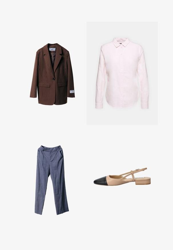 Barna csíkos zakó, kivágott hajtókákkal, két elülső zsebbel, egy gombos záródással és címkével az ujjon. Texturált szövetből készült.; Világos rózsaszín hosszúujjú ing, gombos gallérral, egyenes hemmerrel és puha tapintással, könnyű pamut anyagból készült.; Sötétkék csíkos nadrágok laza fazonnal, rugalmas derékkal, oldalsó zsebekkel és sima, könnyű anyagból.; Beige és fekete, két tónusú, slingback cipő hegyes orral, lapos sarokkal és keresztbe fonott pánttal. Sima bőr textúra.