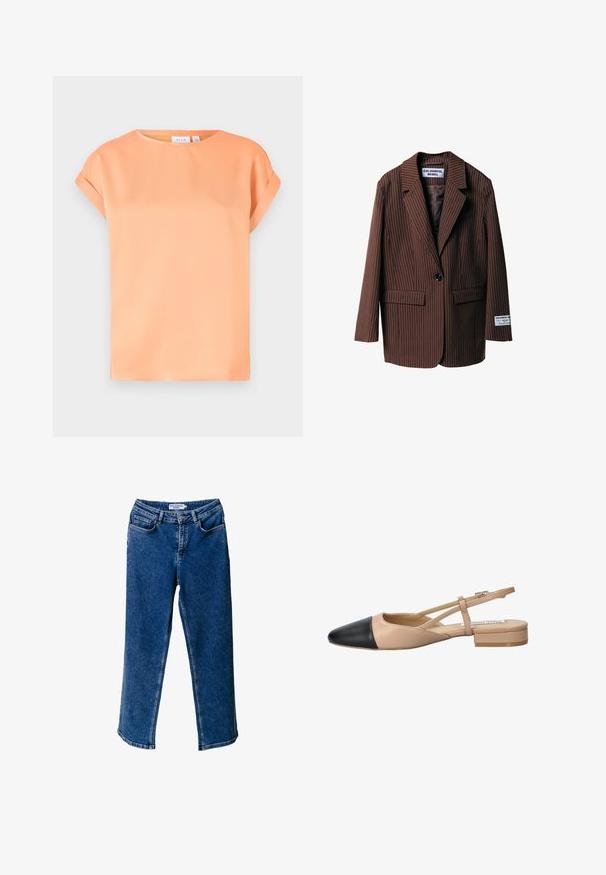 Brun stripete blazer med notched lapels, to frontlommer, enkel knappelukking, og et merke på ermet. Laget av teksturert stoff.; T-skjorte med korte ermer i myk oransje tekstil. Rund hals, avslappet passform med rullede ermer. Glatt tekstur med en lett glans.; Blå denim bredbeinede bukser med høy midje, med frontlommer, kontraststing og avslappet passform.; Beige og svart to-farget slingback sko med spiss tå, flat hæl og krysset stroppe-detalj. Glatt lærtekstur.