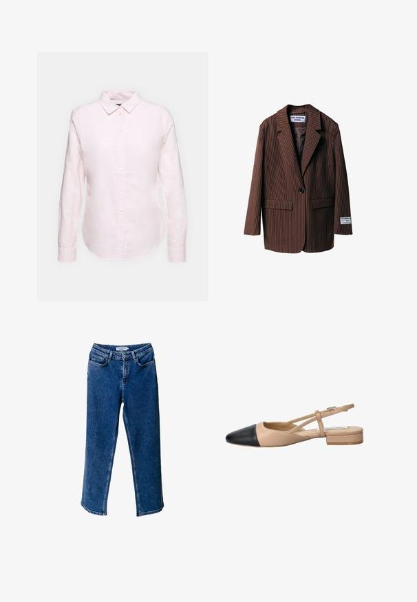 Sacou maro cu dungi despicate, cu rever notched, două buzunare frontale, închidere cu un singur buton și un etichetă pe mânecă. Fabricat dintr-un material texturat.; Cămașă roz deschis cu mâneci lungi, cu guler cu nasturi, având o margine dreaptă și o textură moale, realizată dintr-un material de bumbac ușor.; Jeans lejere din denim albastru cu talie înaltă, având buzunare frontale, cusături în contrast și o croială relaxată.; Pantofii slingback bicolori bej și negru, cu vârful ascuțit, toc plat și detalii cu curea încrucișată. Textură din piele netedă.