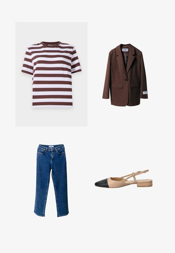 Pruun triibuline bleiser, millel on nurgelised klapid, kaks eesmist taskut, ühe nupuga kinnitamine ja silt varrukal. Valmistatud tekstuuriga kangast.; Lühikese varrukaga t-särk burgundi ja valgete horisontaalsete triipudega, ümmargune kaelus ja lõdve istuvus. Valmistatud pehmest puuvillast materjalist.; Sinine denimpaar laiade sääretega teksad kõrge vöökoht, millel on ees taskud, kontrastne õmblemine ja mugav lõige.; Beez ja must kahetooniline slingback king, millel on terav nina, lame konts ja ristuv rihma detail. Sile nahk tekstuur.