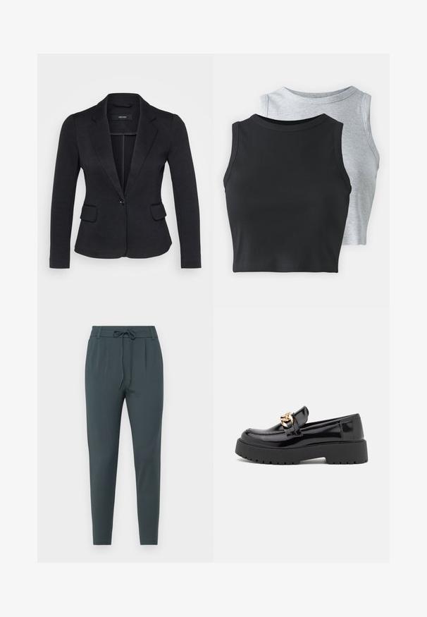 Sacou negru cu croi ajustat, două buzunare frontale, închidere cu un singur nasture și rever cu tăietură, realizat dintr-o țesătură texturată.; Even&Odd Petite 2 PACK - Top - light grey/black; Pantaloni tapered de culoare verde închis, confecționați dintr-un material neted, având un cordon la talie și două plii frontale pentru un plus de detaliu în design.; Loaferi din piele patent neagră cu talpă groasă neagră și detalii din hardware auriu. Textură netedă și design cu vârf rotunjit.