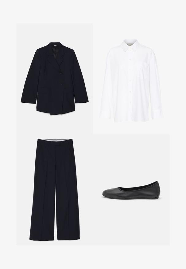 Granatowa marynarka z klapami w szpic, dwoma przednimi kieszeniami oraz podwójnym zapięciem na jeden guzik. Gładka struktura.; Biała, długosleeve'owa koszula z kołnierzykiem, wykonana z bawełny. Posiada zapięcie na guziki z przodu oraz jedną kieszeń na piersi. Gładka tekstura, luźny krój.; Granatowe spodnie wide-leg z gładkiego, lekkiego materiału. Posiadają przednie kieszenie oraz stylizowany pas o czystym designie.; Czarne skórzane baletki z zaokrąglonym noskiem, gładką fakturą, minimalnymi przeszyciami i elastycznym designem podeszwy.