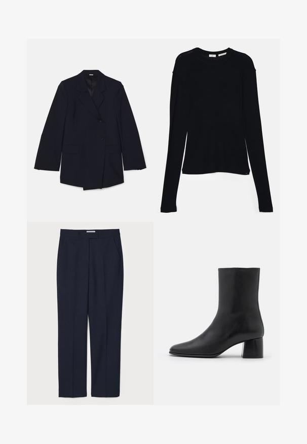 Navy blue blazer featuring a notched lapel, two front pockets, and double-breasted design with a single button closure. Smooth texture.; Black long-sleeve top made of soft fabric, featuring a round neckline and a relaxed fit with side slits at the hem for ease of movement.; Navy blue tailored trousers made from a smooth fabric, featuring a flat front, side pockets, and a structured waistband.; Black leather ankle boot with a pointed toe and a chunky square heel. Smooth texture with a seamless design and minimalistic stitching.