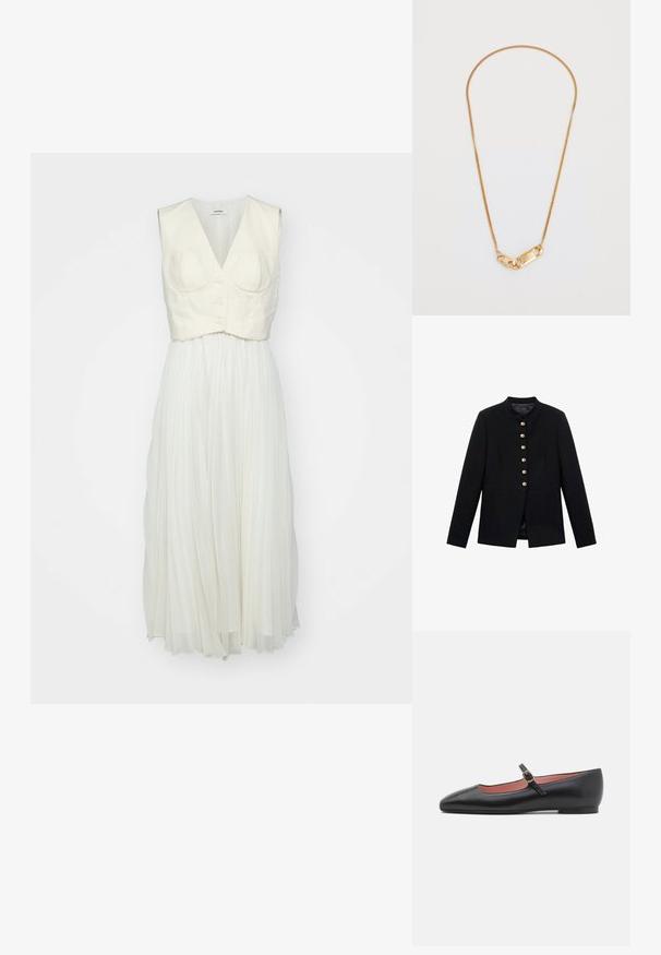 Czarna kurtka z wysokim kołnierzem, z siedmioma złotymi guzikami z przodu, dopasowany krój, gładka tekstura i dobrze skrojona sylwetka.; sandro - Sukienka letnia; Czarne skórzane płaskie buty z wydłużonym noskiem i paskiem na kostkę z złotym zapięciem. Gładka tekstura o lekko błyszczącym wykończeniu.; Złoty naszyjnik z łańcuchem o skręconym wzorze i prostokątnym zapięciem z wygrawerowanymi detalami. Gładka tekstura, minimalistyczny styl.