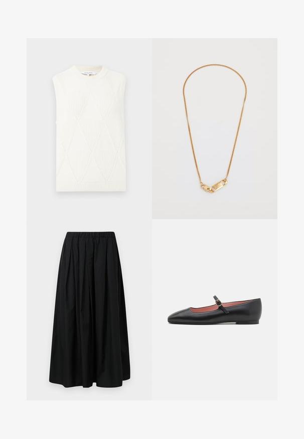 Giacca nera con colletto alto, caratterizzata da sette bottoni dorati davanti, design aderente, texture liscia e silhouette sartoriale.; Gilet senza maniche in maglia bianca con motivo a diamante e scollo a girocollo e orlo a coste, etichettato Maison Kitsuné Paris.; Gonna nera plissettata realizzata in tessuto leggero con una vita elastica. Lunghezza fino al pavimento con una texture liscia e un design minimalista.; Scarpa piatta nera in pelle con punta a forma appuntita e cinturino alla caviglia dotato di una fibbia d'oro. Texture liscia con una finitura leggermente lucida.; Collana di catena d'oro con design attorcigliato e chiusura rettangolare con dettagli incisi. Texture liscia, stile minimalista.