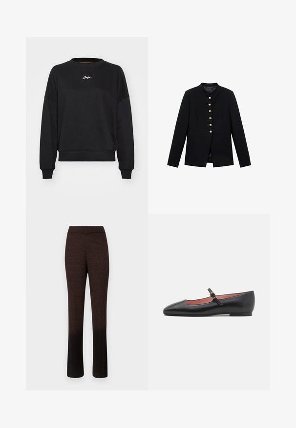 Black jacket with a high collar, featuring seven gold buttons down the front, close-fitting design, smooth texture, and tailored silhouette.; Black sweatshirt with a round neck, dropped shoulders, and ribbed cuffs. Features subtle white logo embroidery on the chest. Smooth fabric texture.; Brown ribbed knitted trousers with a fitted waist, flared legs, and a gradient darker at the hem. No visible hardware or accents.; Black leather flat shoe with a pointed toe and ankle strap featuring a gold buckle. Smooth texture with a slightly glossy finish.