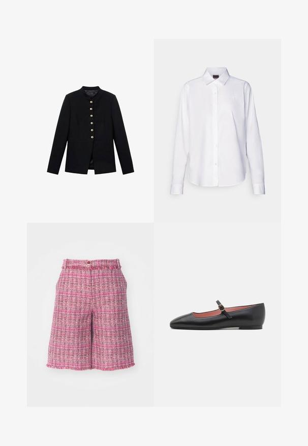 Black jacket with a high collar, featuring seven gold buttons down the front, close-fitting design, smooth texture, and tailored silhouette.; White long-sleeve button-up shirt made of cotton. Features a classic collar and subtle branded embroidery on the chest. Smooth texture.; Pink tweed shorts with a textured pattern and frayed hem. Features a waistband with a button closure. Lightweight fabric, mid-thigh length.; Black leather flat shoe with a pointed toe and ankle strap featuring a gold buckle. Smooth texture with a slightly glossy finish.