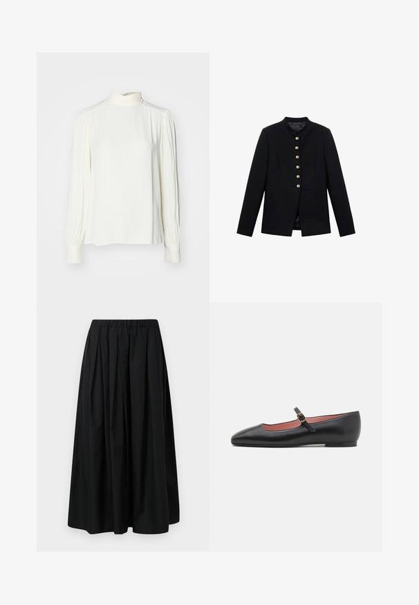 Musta takki korkealla kauluksella, jossa on seitsemän kultanappia edessä, tiukkanauha design, sileä pinta ja muotoiltu siluetti.; Valkoinen pitkähiha blouse, jossa on korkea kaula-aukko, ja joka sisältää 'gathered detailing' -koristeet olkapäissä ja hihoissa, valmistettu sileästä ja kevyestä kankaasta.; Mustat laskostettu hame, joka on valmistettu kevyestä kankaasta ja jossa on joustava vyötärö. Lattian pituinen, sileä tekstuuri ja minimalistinen muotoilu.; Musta nahkakengät, joissa on terävä kärki ja nilkkahihna, jossa on kultainen solki. Sileä pinta, jossa on hieman kiiltävä viimeistely.