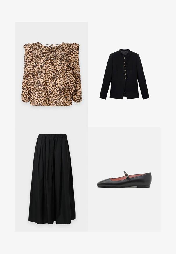 Veste noire avec col haut, comportant sept boutons dorés sur le devant, design ajusté, texture lisse et silhouette cintrée.; Blouse à imprimé léopard présentant un buste froncé, des manches volantées et une coupe décontractée ; fabriquée en tissu léger dans des tons beiges et noirs.; Jupe plissée noire en tissu léger avec une taille élastique. Longueur au sol avec une texture lisse et un design minimaliste.; Chaussure plate en cuir noir avec un bout pointu et une sangle au niveau de la cheville, ornée d'une boucle en or. Texture lisse avec une finition légèrement brillante.