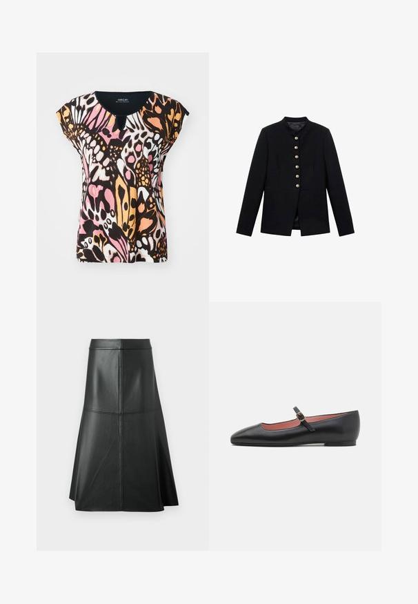 Schwarze Jacke mit hohem Kragen, ausgestattet mit sieben goldenen Knöpfen an der Vorderseite, enganliegendem Design, glatter Textur und maßgeschneiderter Silhouette.; Kurzärmliges Oberteil mit einem bunten Schmetterlingsmuster in Pink, Orange, Schwarz und Weiß. Schlüsselhole-Detail am Ausschnitt und weicher Textur.; Schwarzer Leder-A-Linie-Rock, glatte Textur, midi-länge, mit horizontalen Nähten am Bund und den Nähten für zusätzliche Struktur.; Schwarze Lederflats mit spitzem Zehenbereich und Knöchelriemen mit goldener Schnalle. Glatte Textur mit leicht glänzender Oberfläche.