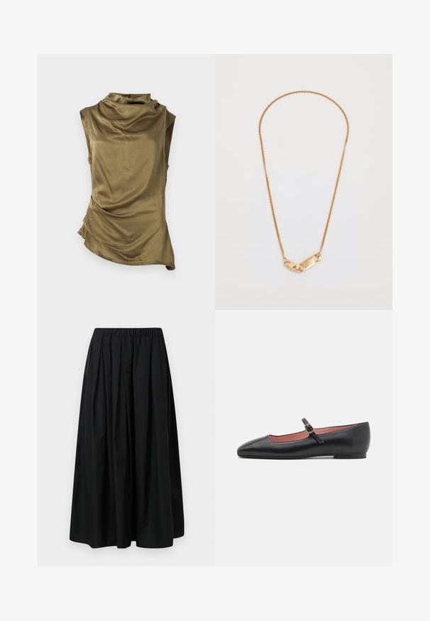 Giacca nera con colletto alto, caratterizzata da sette bottoni dorati davanti, design aderente, texture liscia e silhouette sartoriale.; Top senza maniche in satin verde oliva con scollatura drappeggiata e arricciature laterali. Presenta una chiusura con cerniera sul retro. Texture liscia e leggera.; Gonna nera plissettata realizzata in tessuto leggero con una vita elastica. Lunghezza fino al pavimento con una texture liscia e un design minimalista.; Scarpa piatta nera in pelle con punta a forma appuntita e cinturino alla caviglia dotato di una fibbia d'oro. Texture liscia con una finitura leggermente lucida.; Collana di catena d'oro con design attorcigliato e chiusura rettangolare con dettagli incisi. Texture liscia, stile minimalista.
