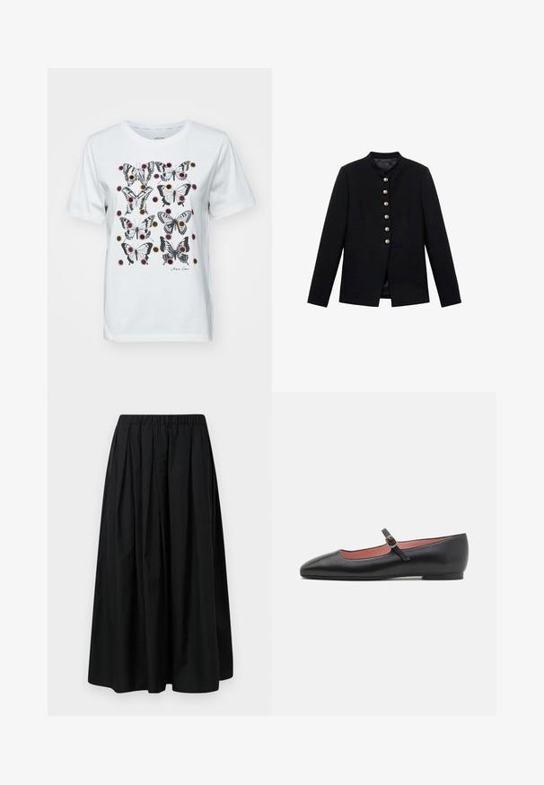 Czarna kurtka z wysokim kołnierzem, z siedmioma złotymi guzikami z przodu, dopasowany krój, gładka tekstura i dobrze skrojona sylwetka.; Biała bawełniana koszulka z printem czarnych i kolorowych motyli oraz okrągłymi akcentami. Krótkie rękawy i klasyczny dekolt.; Czarna, plisowana spódnica z lekkiego materiału z elastycznym pasem. Długości do ziemi, o gładkiej fakturze i minimalistycznym wzornictwie.; Czarne skórzane płaskie buty z wydłużonym noskiem i paskiem na kostkę z złotym zapięciem. Gładka tekstura o lekko błyszczącym wykończeniu.