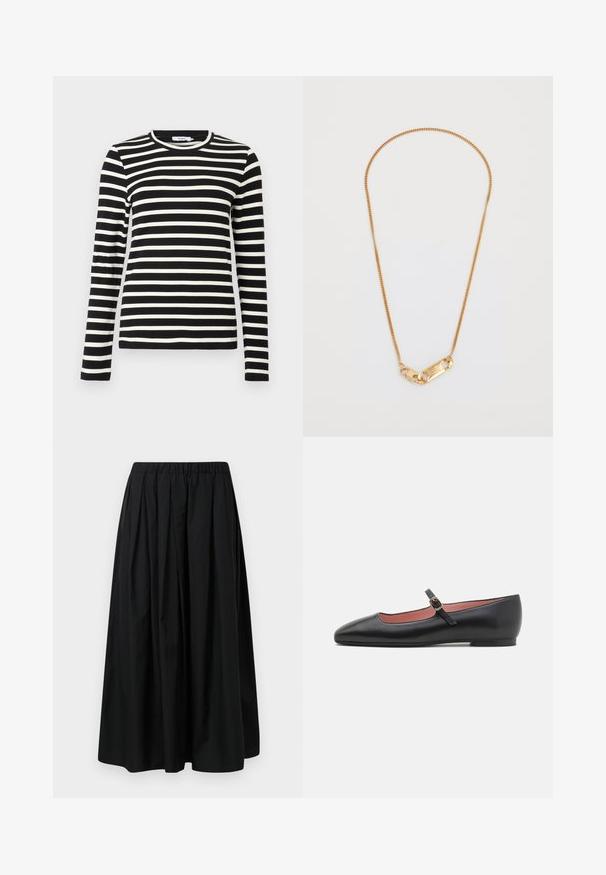 Musta takki korkealla kauluksella, jossa on seitsemän kultanappia edessä, tiukkanauha design, sileä pinta ja muotoiltu siluetti.; Mustavalkoinen pitkähihainen pusero, jossa on pyöreä pääntie. Pehmeästä kankaasta valmistettu pusero, jossa on tasaiset vaakaraidat ja normaali istuvuus.; Mustat laskostettu hame, joka on valmistettu kevyestä kankaasta ja jossa on joustava vyötärö. Lattian pituinen, sileä tekstuuri ja minimalistinen muotoilu.; Musta nahkakengät, joissa on terävä kärki ja nilkkahihna, jossa on kultainen solki. Sileä pinta, jossa on hieman kiiltävä viimeistely.; Kultaketju, jossa on kierteinen muotoilu ja suorakulmainen suljin, jossa on kaiverrettu koriste. Sujuva pinta, minimalistinen tyyli.