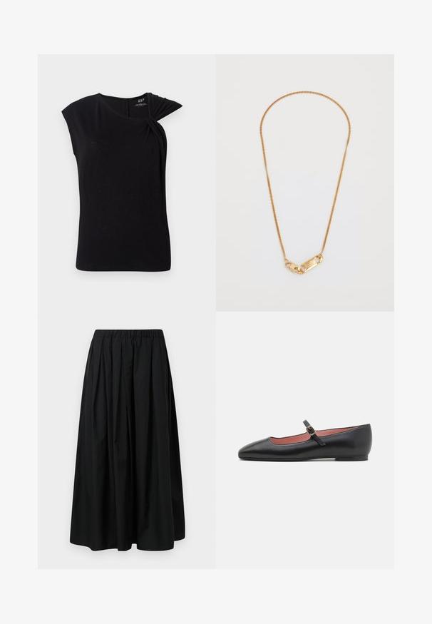 Černá bunda s vysokým límcem, se sedmi zlatými knoflíky vpředu, těsně padnoucí design, hladká textura a dokonale vystřižený silueta.; Černý top s krátkým rukávem a zkrouceným detailem na levém rameni, vyrobený z měkkého, lehkého materiálu, s kulatým výstřihem.; Černá skládací sukně vyrobená z lehkého materiálu s elastickým pasem. Délka až na zem, hladký povrch a minimalistický design.; Černá kožená plochá bota s špičatou špicí a kotníkovým páskem s zlatou sponou. Hladký povrch s mírně lesklým finish.; Zlatý řetízek na krk s propleteným designem a obdélníkovým zapínáním s vyrytými detaily. Hladký povrch, minimalistický styl.