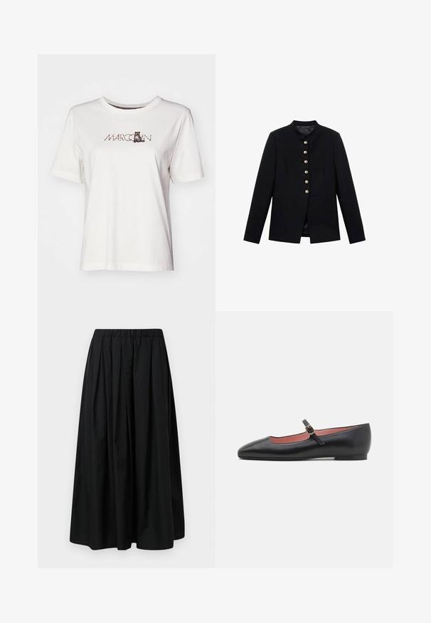 Czarna kurtka z wysokim kołnierzem, z siedmioma złotymi guzikami z przodu, dopasowany krój, gładka tekstura i dobrze skrojona sylwetka.; Biała bawełniana koszulka z krótkim rękawem, okrągłym dekoltem i nadrukiem z napisem "MARCCAIN" oraz ilustracją kota.; Czarna, plisowana spódnica z lekkiego materiału z elastycznym pasem. Długości do ziemi, o gładkiej fakturze i minimalistycznym wzornictwie.; Czarne skórzane płaskie buty z wydłużonym noskiem i paskiem na kostkę z złotym zapięciem. Gładka tekstura o lekko błyszczącym wykończeniu.