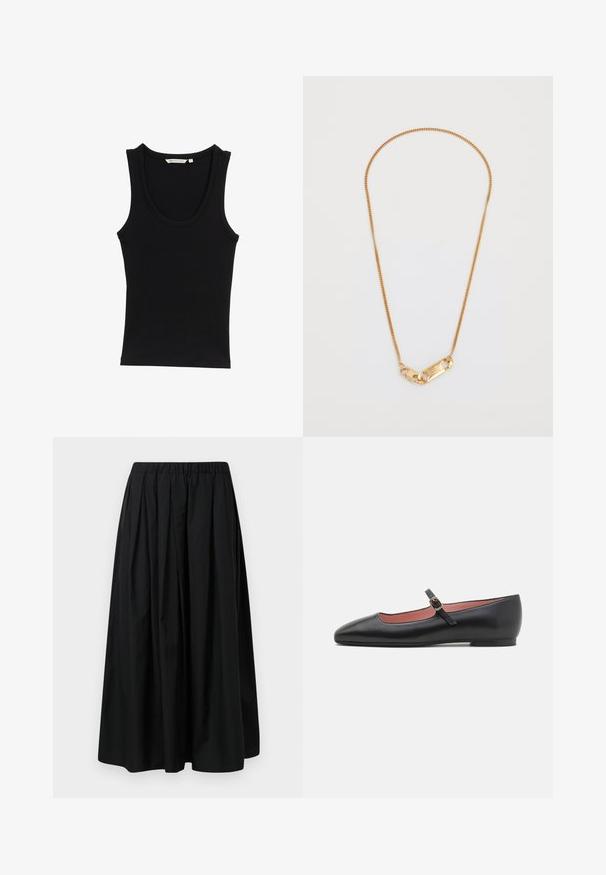 Giacca nera con colletto alto, caratterizzata da sette bottoni dorati davanti, design aderente, texture liscia e silhouette sartoriale.; Top nero senza maniche realizzato in tessuto a coste, con scollatura a forma di U e spalline larghe. Nessun motivo o dettaglio visibile.; Gonna nera plissettata realizzata in tessuto leggero con una vita elastica. Lunghezza fino al pavimento con una texture liscia e un design minimalista.; Scarpa piatta nera in pelle con punta a forma appuntita e cinturino alla caviglia dotato di una fibbia d'oro. Texture liscia con una finitura leggermente lucida.; Collana di catena d'oro con design attorcigliato e chiusura rettangolare con dettagli incisi. Texture liscia, stile minimalista.