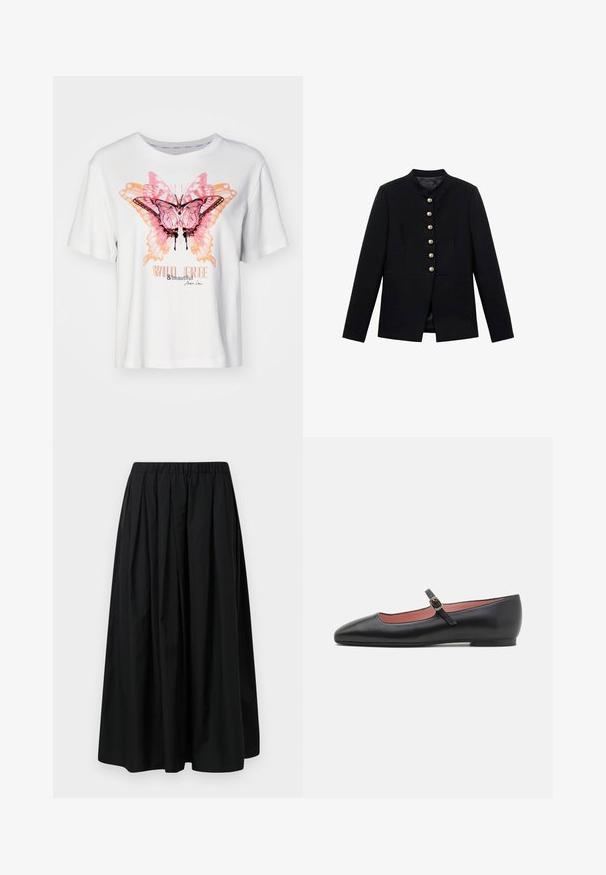 Černá bunda s vysokým límcem, se sedmi zlatými knoflíky vpředu, těsně padnoucí design, hladká textura a dokonale vystřižený silueta.; Bílá krátkosrstá tričko s barevným grafickým motivem motýla v růžové a oranžové barvě, s textem "DIVOKÁ SVOBODNÁ A KRÁSNÁ" pod ním.; Černá skládací sukně vyrobená z lehkého materiálu s elastickým pasem. Délka až na zem, hladký povrch a minimalistický design.; Černá kožená plochá bota s špičatou špicí a kotníkovým páskem s zlatou sponou. Hladký povrch s mírně lesklým finish.