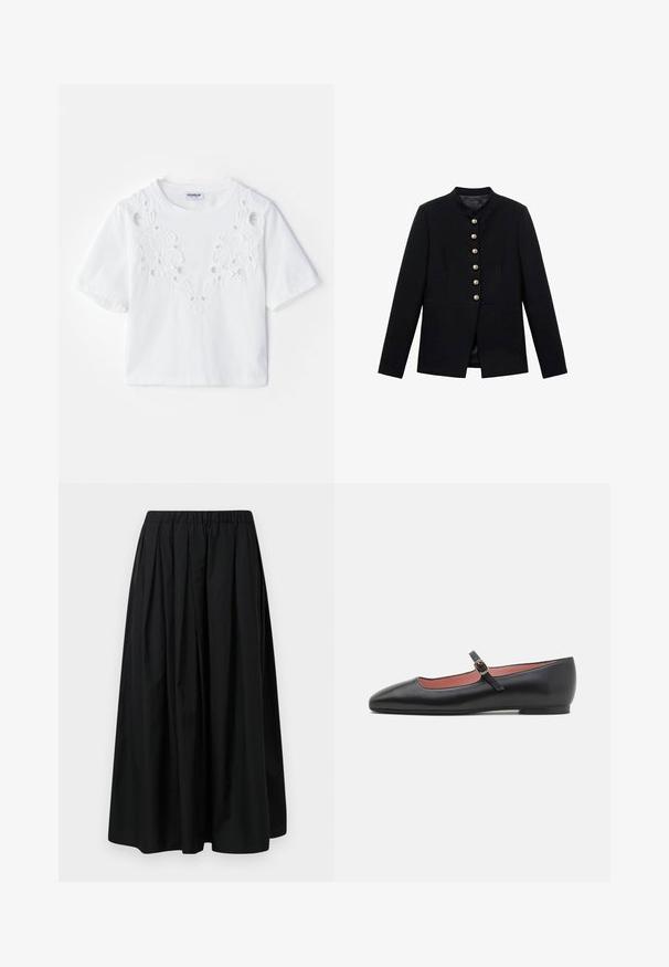 Jachetă neagră cu guler înalt, cu șapte nasturi aurii pe față, design ajustat, textură netedă și siluetă croit.; Tricou alb cu mânecă scurtă, prezentând un design floral brodat cu detalii decupate în față. Fabricat dintr-un material moale, cu decolteu rotund.; Fustă plisată neagră dintr-un material ușor, cu un brâu elastic. Lungime până la podea, cu o textură netedă și un design minimal.; Pantofii flat din piele neagră cu vârf ascuțit și curea pentru glezne, dotată cu o cataramă aurie. Textură netedă cu un finisaj ușor lucios.