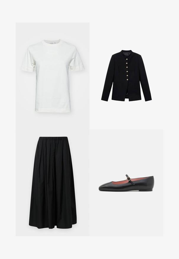 Musta takki korkealla kauluksella, jossa on seitsemän kultanappia edessä, tiukkanauha design, sileä pinta ja muotoiltu siluetti.; Valkoinen puuvillapaita lyhyillä hihoilla, pyöreällä kaula-aukolla ja tekstuurilla varustettu "LACOSTE"-logo edessä. Sileä kangas, normaali istuvuus.; Mustat laskostettu hame, joka on valmistettu kevyestä kankaasta ja jossa on joustava vyötärö. Lattian pituinen, sileä tekstuuri ja minimalistinen muotoilu.; Musta nahkakengät, joissa on terävä kärki ja nilkkahihna, jossa on kultainen solki. Sileä pinta, jossa on hieman kiiltävä viimeistely.