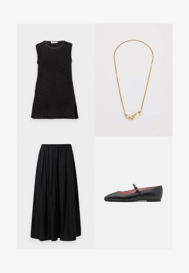 Crna jakna s visokim ovratnikom, koja ima sedam zlatnih dugmadi sprijeda, priljubljenog dizajna, glatke teksture i kroja koji dobro leži.; Crna haljina bez rukava izrađena od mekanog, pahuljastog tkanja. Ima okrugli izrez i blago se širi s bočnim prorezima. Jednostavan dizajn.; Crna plisirana suknja od laganog materijala s elastičnim pojasom. Dugačka do poda s glatkom teksturom i minimalističkim dizajnom.; Crne kožne ravne cipele s šiljastim vrhom i remenom oko gležnja koji ima zlatnu kopču. Glatka tekstura s laganim sjajem.; Zlatna ogrlica s lancem s uvijenim dizajnom i pravokutnom kopčom s graviranim detaljima. Glatka tekstura, minimalistički stil.