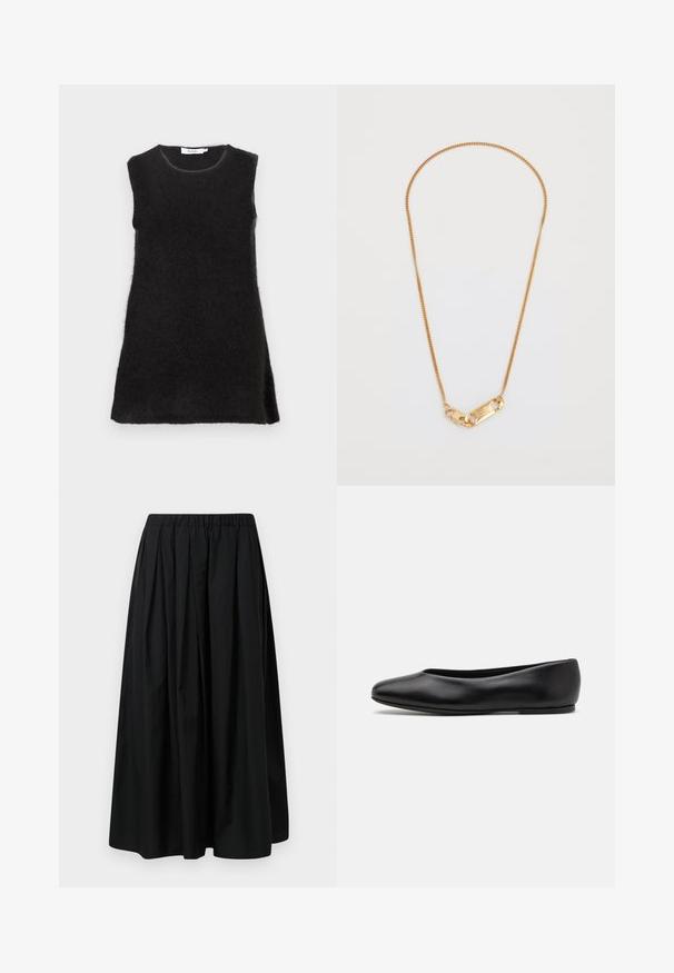 Črna jakna z visokim ovratnikom, ki ima sedem zlatih gumbov spredaj, prilegajoča se zasnova, gladka tekstura in krojena silhueta.; Črna obleka brez rokavov iz mehke, puhasto tkanine. Ima okrogel izrez in rahlo razširjen kroj s stranskimi razporki. Preprost dizajn.; Črna plisirana krila iz lahkega materiala z elastičnim pasom. Dolžina do tal z gladko teksturo in minimalističnim dizajnom.; Paul Smith TOPANGA - Balerinke - black; Zlati verižica z zvitim dizajnom in pravokotno zaponko z vgraviranimi detajli. Gladka tekstura, minimalističen stil.