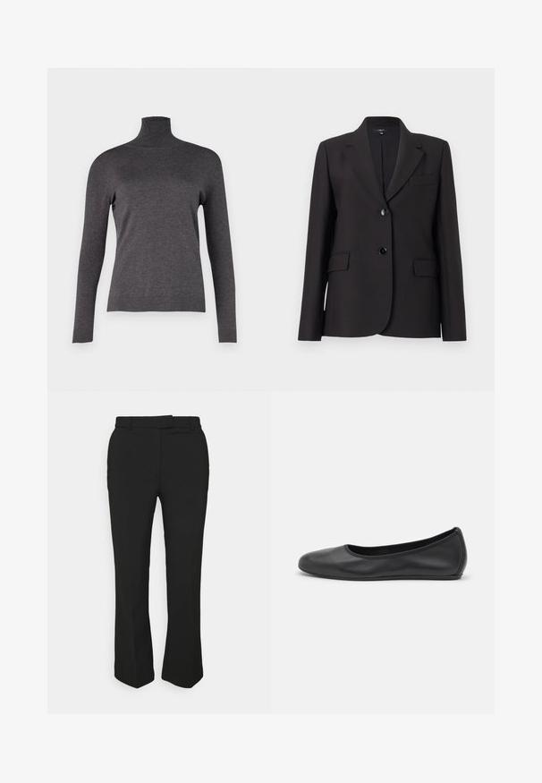 Blazer noir avec un col cranté, fermeture à un bouton, deux poches avant et une texture de tissu lisse. Design classique et ajusté.; WEEKEND MaxMara KIKU - Pullover - grigio scuro; Pantalons noirs ajustés avec une coupe droite, dotés de passants de ceinture et de poches latérales. Fabriqués en tissu lisse avec une finition soignée.; Ballerines en cuir noir avec un bout rond, texture lisse, détails de couture minimalistes et design de semelle flexible.
