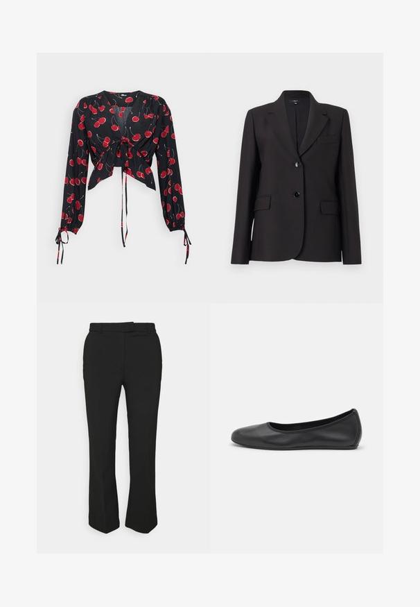 Schwarze Blazer mit schmalem Revers, Ein-Knopf-Verschluss, zwei vorderen Taschen und glatter Stofftextur. Klassisches, tailliertes Design.; Schwarze Bluse mit langen Ärmeln, vorne gebunden. Mit rotem Kirschmuster und elastischen Manschetten. Leichter, fließender Stoff mit V-Ausschnitt.; Schwarze, maßgeschneiderte Hose mit geradem Bein, ausgestattet mit Gürtelschlaufen und Seitentaschen. Hergestellt aus glattem Stoff mit sauberem Finish.; Schwarze Leder-Ballettschuhe mit abgerundeter Spitze, glatter Textur, minimalen Nähdetails und einem flexiblen Sohlen-Design.