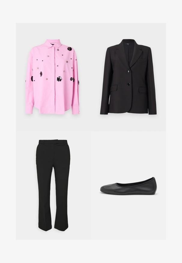 Black blazer with a notched lapel, single button closure, two front pockets, and smooth fabric texture. Classic tailored design.; Bruuns Bazaar CHRISOULA BEIA SHIRT - Button-down blouse - pastel lavender; Black tailored pants with a straight-leg design, featuring belt loops and side pockets. Made from smooth fabric with a clean finish.; Black leather ballet flat with a rounded toe, smooth texture, minimal stitching detail, and a flexible sole design.