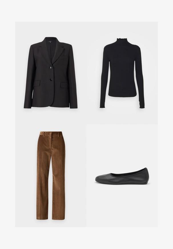 Čierny blazer s klopovým golierom, jedným gombíkom na zapínanie, dvoma prednými vreckami a hladkým textúrovaním látky. Klasický strih.; Čierny dlhý rukáv turtleneck top vyrobený z hladkej látky, s volánovým golierom a priliehavou siluetou s jednoduchými okrajmi.; WEEKEND MaxMara TANIA - Nohavice - nocciola; Čierne kožené baleríny s okrúhlou špičkou, hladkým povrchom, minimálnym prešívaním a flexibilným dizajnom podrážky.