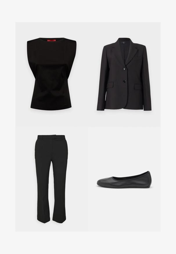 Black blazer with a notched lapel, single button closure, two front pockets, and smooth fabric texture. Classic tailored design.; Black sleeveless top with a structured shoulder design, smooth texture, round neckline, and subtle draping at the waist.; Black tailored pants with a straight-leg design, featuring belt loops and side pockets. Made from smooth fabric with a clean finish.; Black leather ballet flat with a rounded toe, smooth texture, minimal stitching detail, and a flexible sole design.