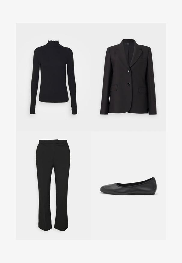 Črn blazer z nazobčanim ovratnikom, z enojnim gumbom, dvema sprednjima žepoma in gladko teksturo tkanine. Klasičen krojen dizajn.; Črn dolg rokav turtleneck zgornji del iz gladkega materiala, ki se ponaša z nabranim ovratnikom in prilegajočim silhueto s preprostimi robovi.; Črne krojene hlače s ravnim krojem, z nožicami za pas in stranskimi žepi. Narejene iz gladkega materiala z čistim zaključkom.; Črne usnjene balerinke z zaobljenim nosom, gladko teksturo, minimalnimi šivi in fleksibilno zasnovo podplata.