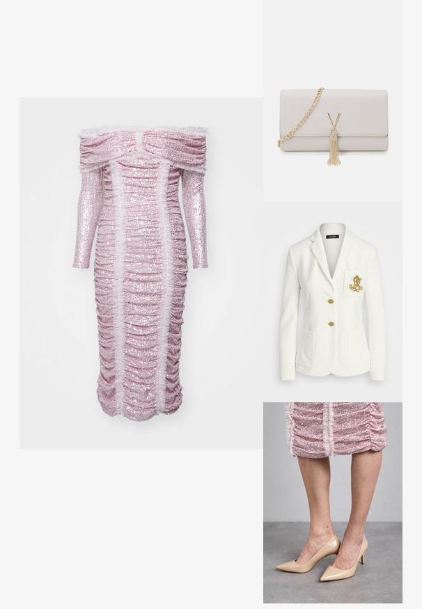 Blazer bianco con finitura testurizzata, bottoni dorati e una tasca sul petto con un logo dorato ricamato. Due tasche frontali incluse.; Abito aderente off-the-shoulder in paillettes rosa, con texture arricciata e dettagli a volant lungo il scollo e i lati.; Tacchi alti in pelle lucida beige con punta affusolata e tacco sottile. Texture liscia con un design elegante. Indossati con un vestito rosa con paillettes.; Borsa a tracolla in finta pelle grigia chiara con catena dorata, con chiusura a forma di V e dettaglio con frange. Texture liscia, forma rettangolare.