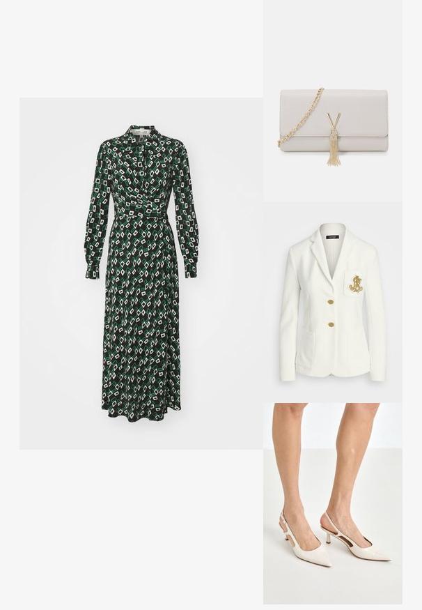 Weißer Blazer mit strukturierter Oberfläche, goldenen Knöpfen und einer Brusttasche, die mit einem goldenen Logo bestickt ist. Zwei vordere Taschen sind vorhanden.; Diane von Furstenberg TORI DRESS - Blusenkleid - black; Beige Lackleder Slingback-Absätze mit spitzem Fuß und 5 cm Absatz, mit ausgeschnittenen Seiten und einem schmalen Knöchelriemen.; Hellgraue Kunstlederhandtasche mit goldener Kettenriemen, die über einen V-förmigen Verschluss und eine Quaste verfügt. Glatte Textur, rechteckige Form.