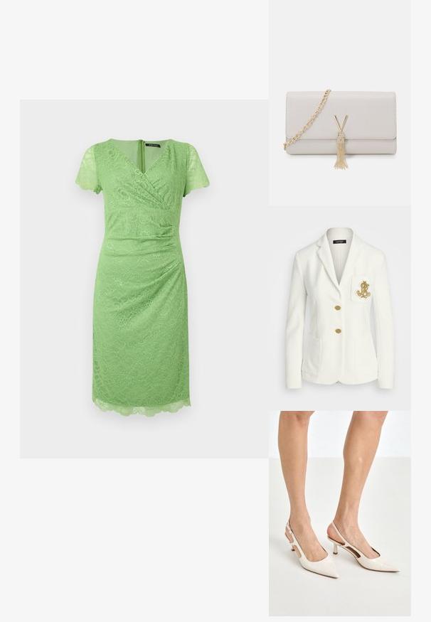 Fehér blézer, texturált borítással, arany gombokkal és hímzett arany logós mellzsebbel. Két elülső zseb is található rajta.; Zöld csipkeborítású ruha rövid, fodros ujjal, V-kivágással, ráncolt részletekkel, térd alatti hosszal, hullámos szegéllyel és hátsó cipzáras záródással.; Beige patent bőr slingback magassarkúk hegyes orral és 5 cm-es sarokkal, kivágott oldalakkal és vékony bokapánttal.; Világosszürke műbőr kézitáska arany lánc pánttal, V-alakú csattal és bojt részlettel. Simább textúra, téglalap alak.