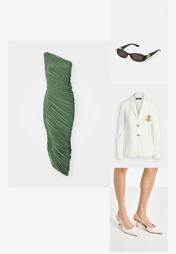 Biały żakiet o fakturowym wykończeniu, z złotymi guzikami i kieszenią na piersi z haftowanym złotym logo. Zawiera dwie przednie kieszenie.; Zielona sukienka na jedno ramię wykonana z marszczonego, teksturowanego materiału, z dopasowaną sylwetką, która opada do krawędzi.; Beżowe lakierowane szpilki z odkrytą piętą, zakończone spiczastym noskiem i 5 cm obcasem, z wyciętymi bokami oraz cienkim paskiem na kostce.; Słoneczne okulary w kolorze żółwi z wydłużonymi owalnymi soczewkami, brązowym odcieniem, złotymi akcentami logo na zausznikach oraz smukłymi czarnymi ramionami.