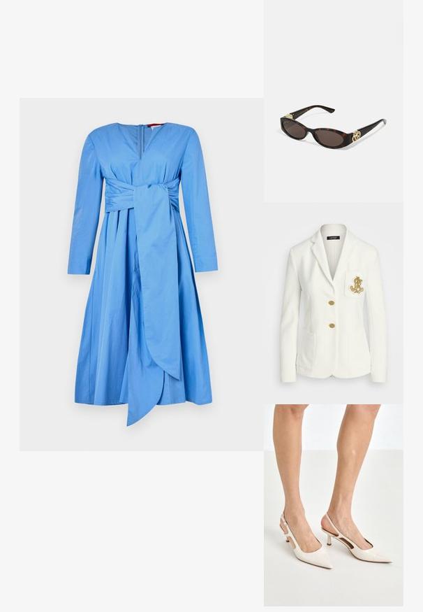 Baltas bleizeris su tekstūruotu paviršiumi, auksiniais mygtukais ir krūtine kišene, papuošta išsiuvinėtu auksiniu logotipu. Taip pat yra dvi priekinių kišenių.; Mėlyna ilgomis rankovėmis suknelė su plačiu sijonu, juosmuo įstringas ir šonine ryšme, turi gilų V formos iškirpimą ir paslėptą užtrauktuką nugaroje.; Šviesiai pilkos, lakuotos odos slingback aukštakulniai su smailiu noseliu ir 5 cm kulnu, su išpjovomis šonuose ir plona kulkšnies juostele.; Tortoise kiaurinių saulės akinių su pailgomis ovalo formos lęšiais, rudos spalvos atspalviu, auksinėmis logotipo detalėmis ant šakelių ir elegantiškais juodais rankenėlėmis.