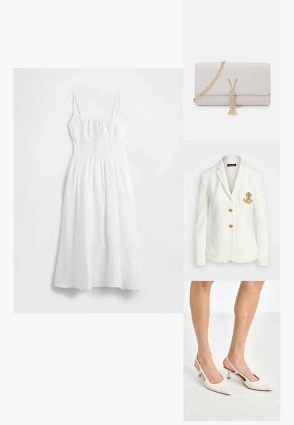 Blazer blanc avec une finition texturée, boutons dorés et une poche poitrine avec un logo doré brodé. Deux poches avant incluses.; Robe longue blanche en tissu texturé, avec fines bretelles réglables, taille smockée et jupe fluide. Matière lisse et légère.; Escarpins à talon slingback en cuir verni beige avec un bout pointu et un talon de 5 cm, présentant des côtés découpés et une fine bride à la cheville.; Sac à main en simili cuir gris clair avec une anse en chaîne dorée, doté d'un fermoir en V et d'un détail en frange. Texture lisse, forme rectangulaire.